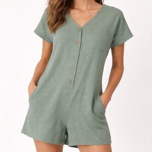 Old Navy Womens Romper Size XL Textured Knit Utility Shorts Green Short-Sleeve